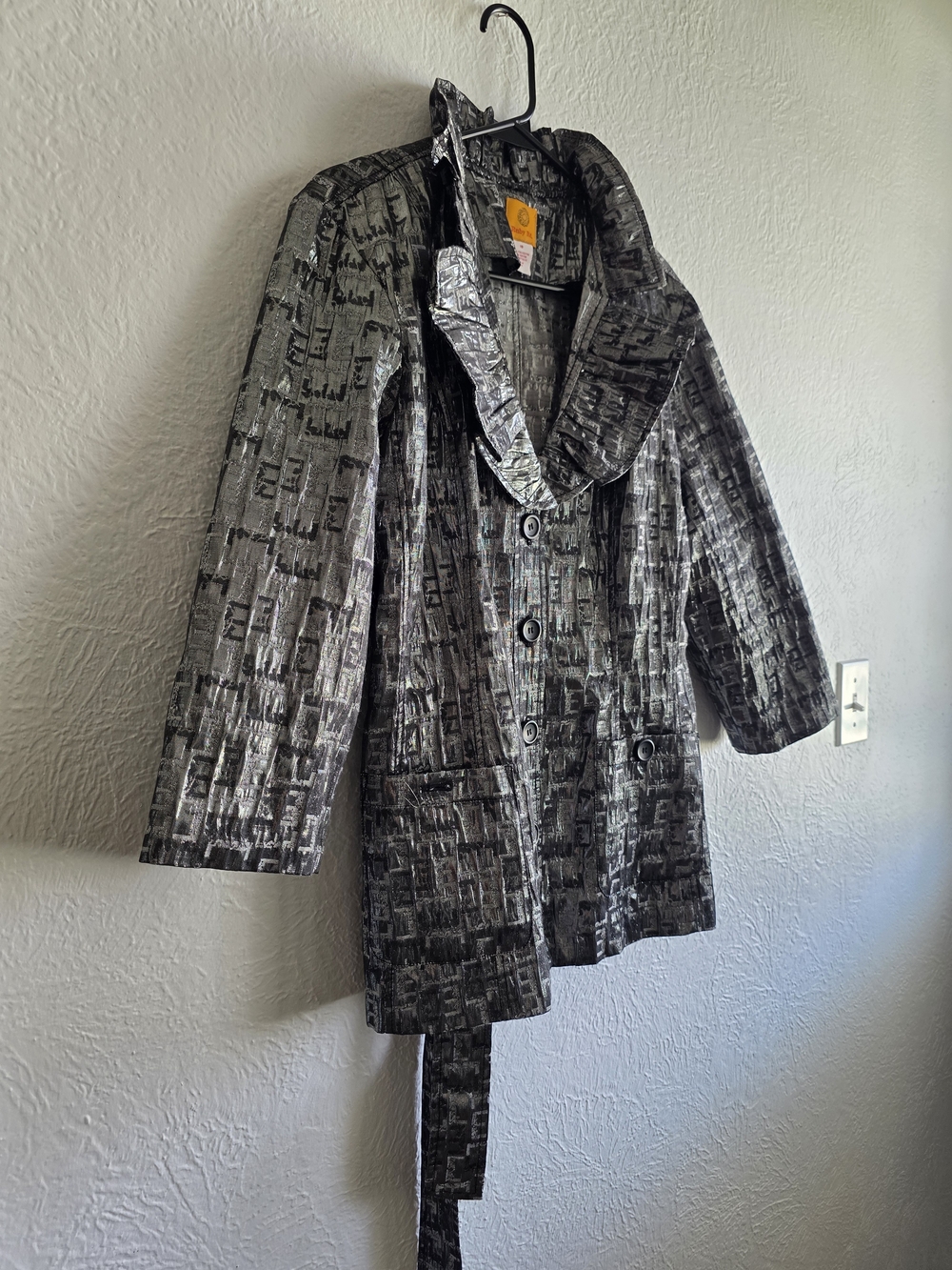Ruby Rd. Black and Silver Metallic Ruffled Trench Coat - Picture 3 of 11